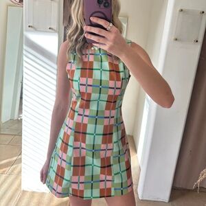 Colorful Plaid Sleeveless Dress with Pearl Details